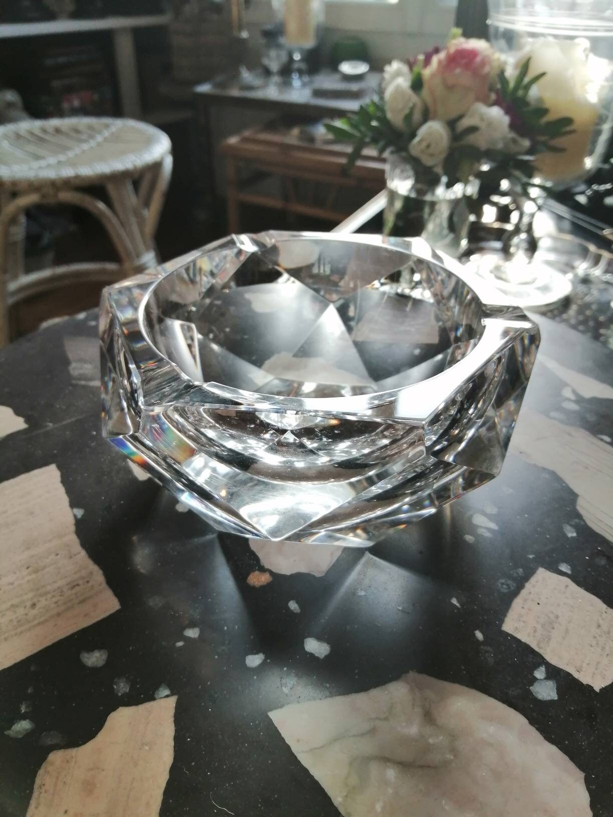 Vintage 1970's Diamond-Faceted Clear Crystal Ashtray in The Style Of Flavio Poli Creations Murano. P