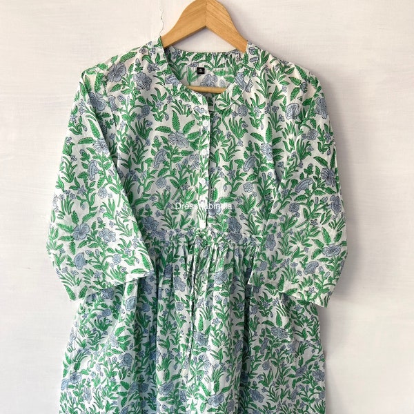 tadeonal block printed cotton maxi dress - split neckline with buttons long maxi dress - 3/4th sleeve with button maxi dress