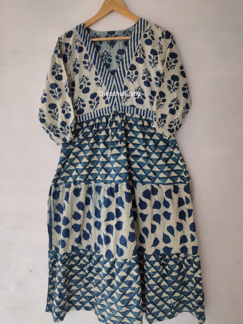 Indigo Hand Print Dress,handblock Cotton Dress,indian Print Dress