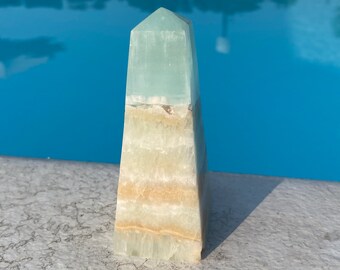 ETHICALLY SOURCED Caribbean Calcite Obelisk * High Grade Aqua Calcite & Aragonite Tower * Bright Blue Caribbean Calcite Generator