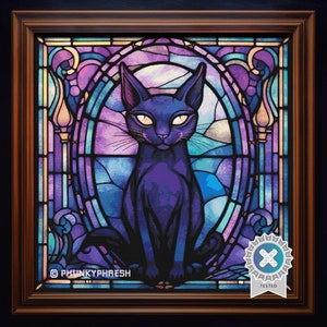 Black Cat Stained Glass Window - 500x500, 99 DMC Colors, Counted Cross Stitch Pattern PDF, Pattern Keeper Compatible + Commercial Rights