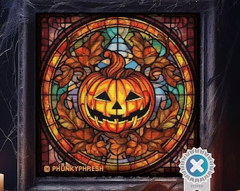 Jack-O-Lantern Stained Glass Window - 300x300, 101 DMC Colors, Counted Cross Stitch Pattern PDF + SVG + Pattern Keeper + Commercial Rights