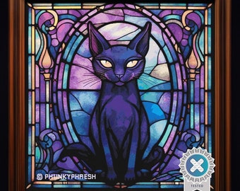 Svart katt, målat glasfönster - 500x500, 99 DMC-färger, räknemönster för korsstygn i PDF-format, kompatibel med Pattern Keeper + kommersiella rättigheter