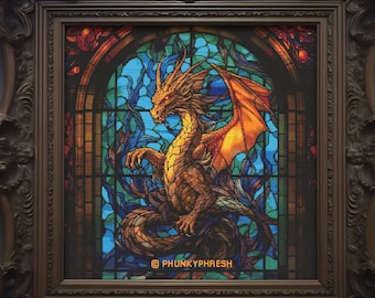 Posing Dragon Stained Glass Window - 300x300, 100 DMC Colors, Counted Cross Stitch Pattern PDF + SVG + Beginner's Guide + Commercial Rights