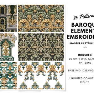 May include: A digital download of 25 seamless patterns featuring intricate baroque elements in gold and green. The patterns are perfect for embroidery projects and can be used for commercial purposes.