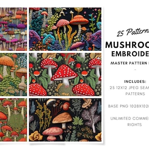 Mushroom Embroidery Master Pack I - 25 Patterns + Base Tiles & Commercial Rights - Seamless Surface Patterns