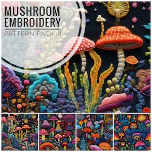 Mushroom Embroidery Pattern Pack III - Seamless Surface Patterns for Textiles, Paper Printing, Digital Paper, More