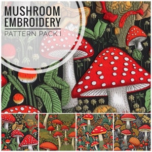 Mushroom Embroidery Pattern Pack I - Seamless Surface Patterns for Textiles, Paper Printing, Digital Paper, More