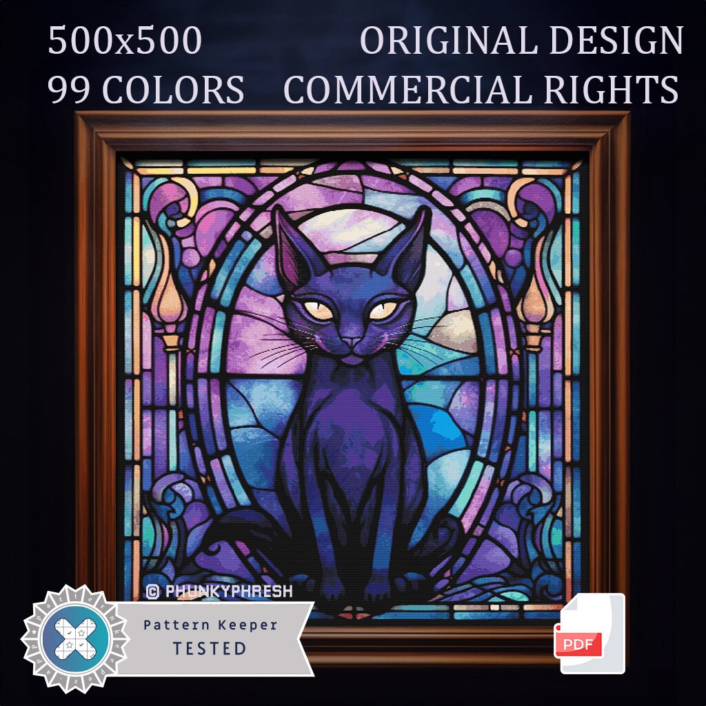 Black Cat Stained Glass Window - 500x500, 99 DMC Colors, Counted Cross ...