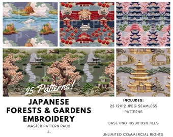 Japanese Forests & Gardens Embroidery Master Pattern Pack I - Seamless Surface Patterns for Textiles, Paper Printing, Digital Paper, More