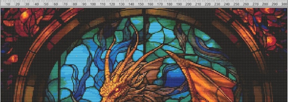 ポーズをとるドラゴンのステンドグラスの窓 - 300x300、100 DMC カラー