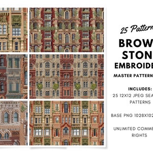 May include: A digital download of 25 seamless patterns featuring brown stone buildings with red brick accents and green foliage. The patterns are 12x12 inches and are perfect for embroidery projects. The download also includes a base PNG file with 1028x1028 tiles. The product is for unlimited commercial use.