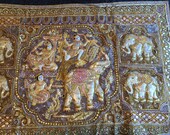 Vintage Burmese Kalaga Tapestry, Sacred White Elephants
