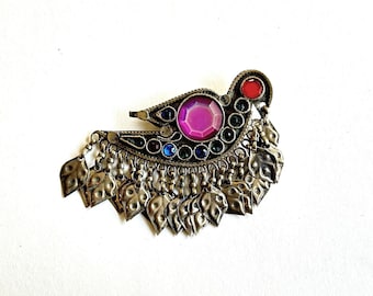 Silver Toned Bird Design Hair Jewelry, Afghan Kuchi Tribal Jewelry with Blue, Turquoise, Red and Magenta Rhinestones
