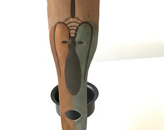African Mask Votive Candle Holder Tan, Brown, Gold, Aqua and  Black M101
