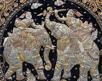 Vintage Burmese Kalaga Tapestry, Sacred White Elephants & Warriors