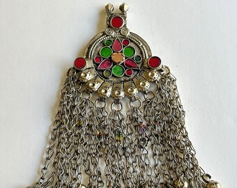 Silver Toned Jeweled Pendant, Afghan Kuchi Tribal Jewelry, Very Large with Fuschia and Green Stones