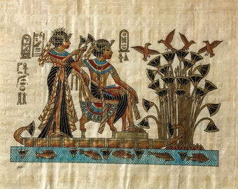 ツタンカーメン王とアンケセナメン王妃のパピルス画、特大エジプト壁画