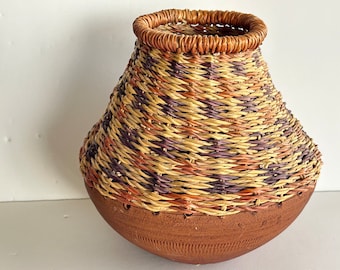 Clay and Wicker Pot from Ghana, Handmade 7.5 inches High 6 inch Wide