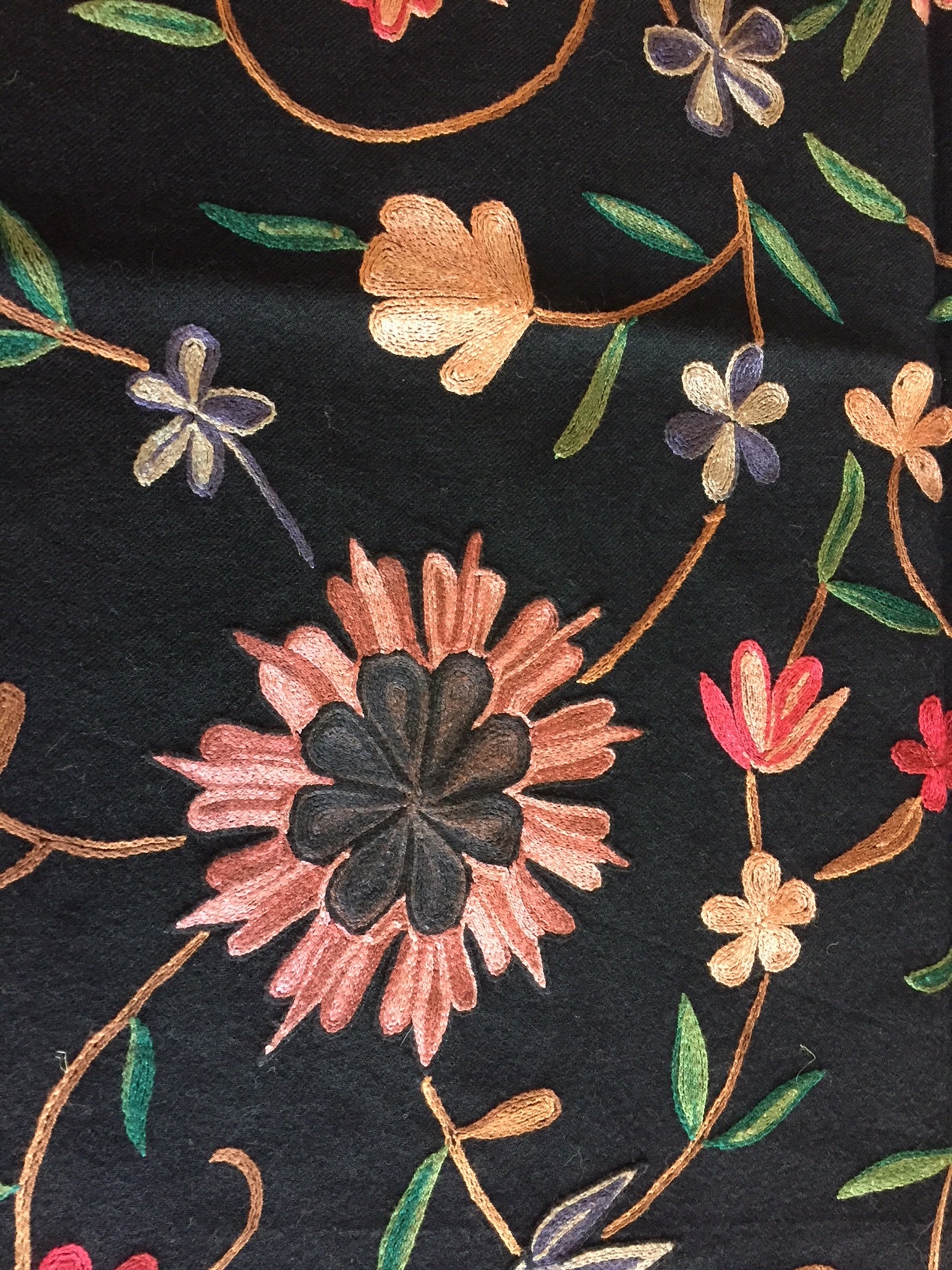 Kashmir Wool Crewel Embroidered Fabric 2.39 Yards, Wool Embroidery