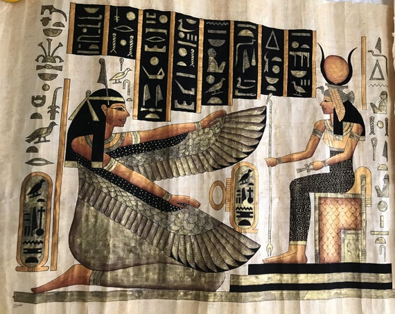 Hand Made Artwork Winged Isis Egyptian Papyrus 9" x 13" Ancient Art Form 
