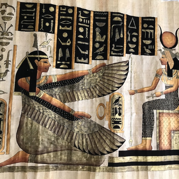 Maat and Isis Ancient Egyptian Papyrus Painting Vintage 25" x 35", 16.5"x12.5"