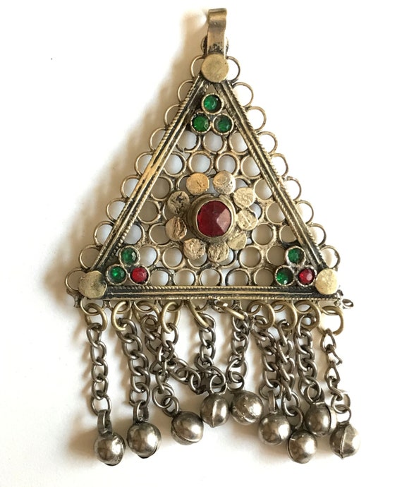 Silver Toned, Jeweled Pendant, Afghan Kuchi Tribal