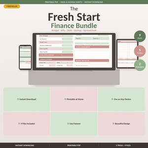 Op de afbeelding: De Fresh Start Finance Bundle, een digitaal product voor budgettering, rekeningen, schulden en sparen. De afbeelding toont een laptop, tablet en telefoon met spreadsheets. Bevat 9 bestanden, 5 tools en 2 formaten. Direct downloaden.