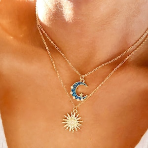 sun and moon necklace set, celestial pair half best friends necklaces gift for her, blue crescent moons layered double unique jewelry, trend