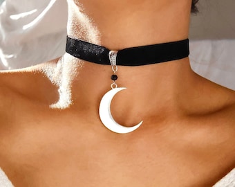 crescent moon goddess choker / silver crescent moon choker / velvet choker moon charm / large crescent moon charm / big moon choker necklace