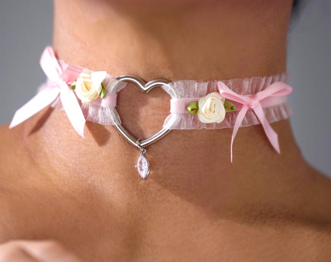 Pink Lace Heart Bow Choker: Coquette Kawaii Collar with Diamond Charm
