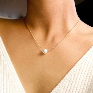 faux single pearl necklace, gold dainty pearl pendant, simple floating pearl charm necklace, elegant bridesmaid jewelry,delicate pearl chain