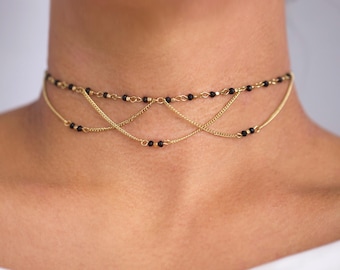 Dainty Black Gems Choker with Draped Gold Chain Detailing