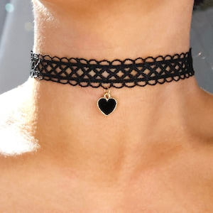 velvet lace choker heart charm / black velvet choker dangling heart / black choker heart charm /thick black velvet choker/thick black choker image 1