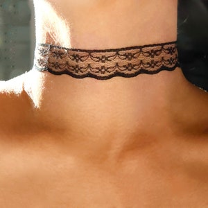 black floral lace choker, detailed see through flower daisy curtain drape style lacy chokers, romantic sweet delicate elegant classy gift