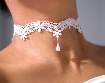 White Lace Pearl Charm Choker: Intricate Floral Crochet Style Chokers with Dangling Teardrop Pearl