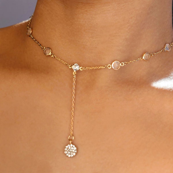 Gargantilla con lazo de diamantes de circonita cúbica, gargantilla colgante de cristal de diamante, collar de diamantes en Y, gargantilla de diamantes de imitación, gargantilla glamurosa, regalo