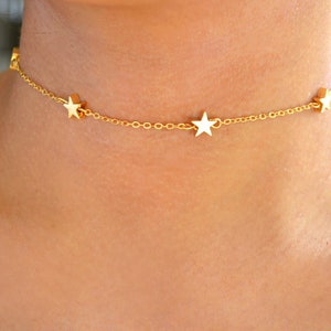 silver or gold stars choker, dainty delicate simple tiny star celestial thin jewelry gift for her chokers, repeating star chain necklace