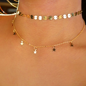 gold star coin set / gold star choker / gold coin choker / dainty star choker gold / gold star necklace / stars choker gold / layered choker