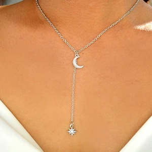 dainty silver crescent lariat necklace, celestial crescent moon delicate star long y chain, romantic cosmic jewelry gift for her, north star