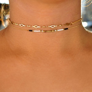 two-in-1 dainty choker set, delicate thin layering necklace, layered seed bead jewelry, geometric stacking unique gift for her, trendy