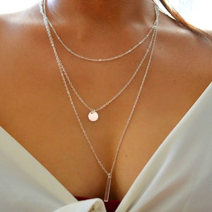 Conjunto de collar de plata de varias capas, collares apilables en capas, cadenas de 3 capas para ella, barra de monedas de plata, joyería delicada y elegante, regalo simple
