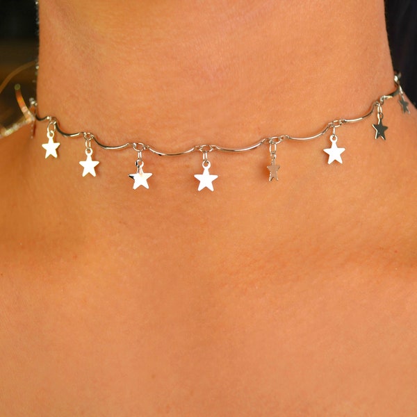 silver star wavey choker / silver star choker / silver stars choker / dainty star choker / star choker/star choker silver/dangle star choker