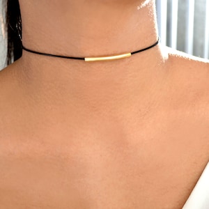 dainty black cord choker PU vegan, thin leather suede black chokers gold silver bar simple delicate daily classy trendy choker collar gift