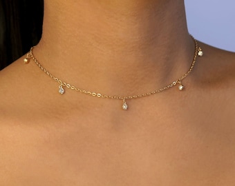 silver or gold dainty diamond choker / dainty gold choker / delicate diamond necklace / dainty diamond choker necklace/ dangle choker