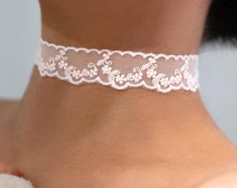 Pink Scalloped Floral Lace Chokers: Intricate Embroidered Cotton Mesh Drape Trim Choker, White, Pink, Black
