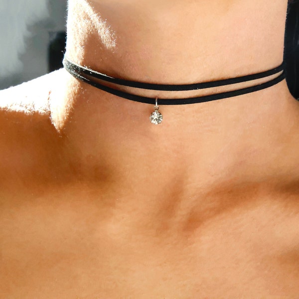 rhinestone charm black suede choker / thin black choker charm / black choker diamond charm / dainty black choker necklace /cute black choker