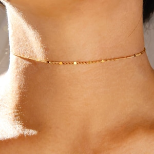 gold stainless steel strand choker necklace, thin silver chain delicate simple shiny trendy jewelry love romantic gift for her, anti tarnish
