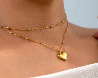 Gold Layered Heart Necklaces: Stainless Steel Satellite Chain Double Layer Puffy Heart Choker Necklace