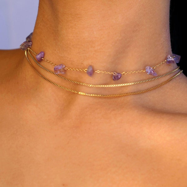 Amethyst Crystal Necklace Set: Dainty Amethyst Gemstone Choker